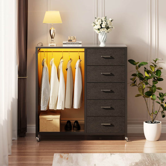 45-In Rolling Dresser with Mirror, Closet Organizer with 5 Fabric Drawers and Charging Station