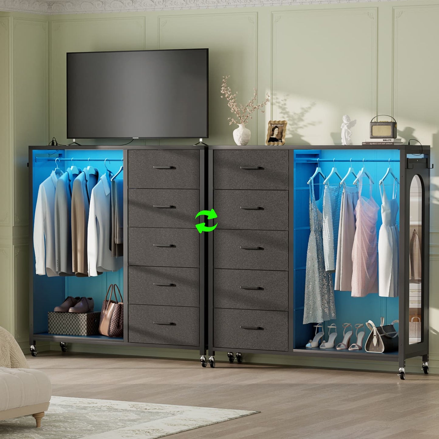 45-In Rolling Dresser with Mirror, Closet Organizer with 5 Fabric Drawers and Charging Station