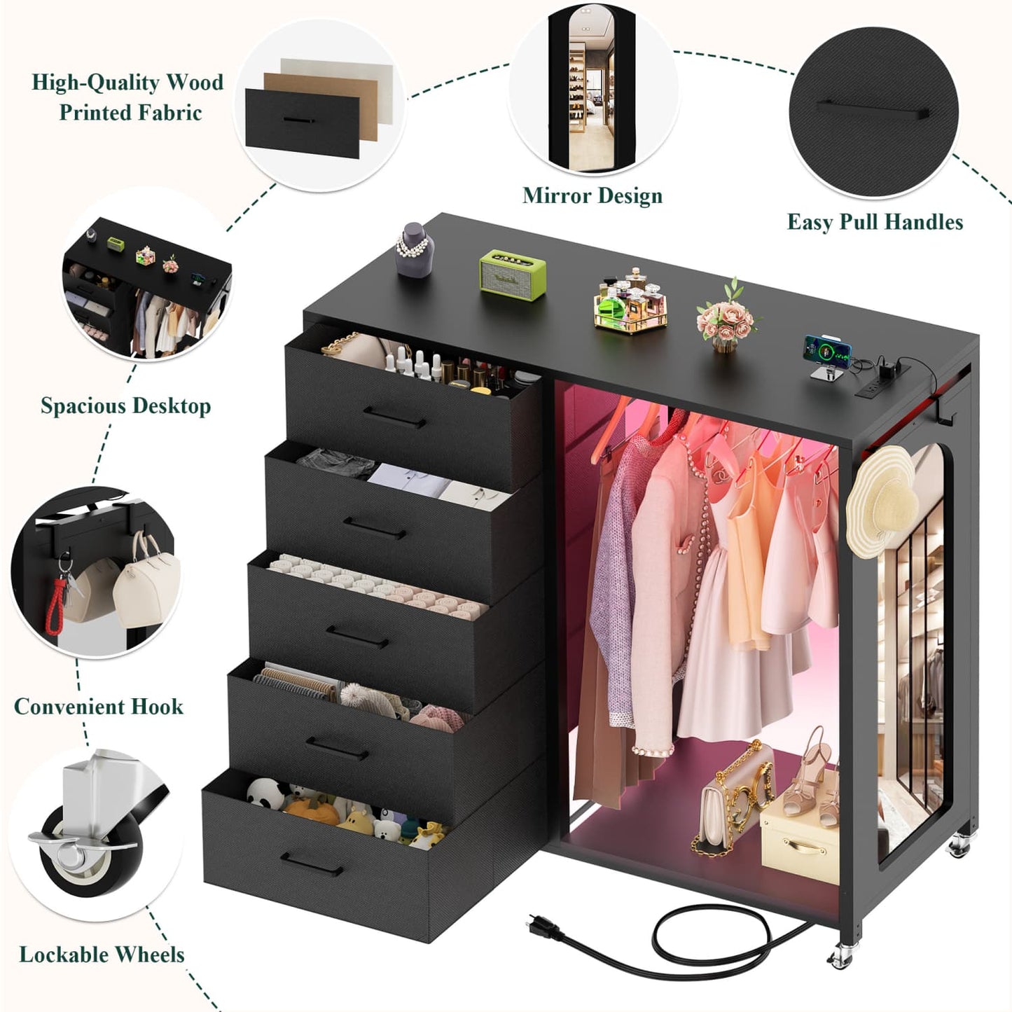 45-In Rolling Dresser with Mirror, Closet Organizer with 5 Fabric Drawers and Charging Station