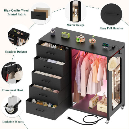 45-In Rolling Dresser with Mirror, Closet Organizer with 5 Fabric Drawers and Charging Station