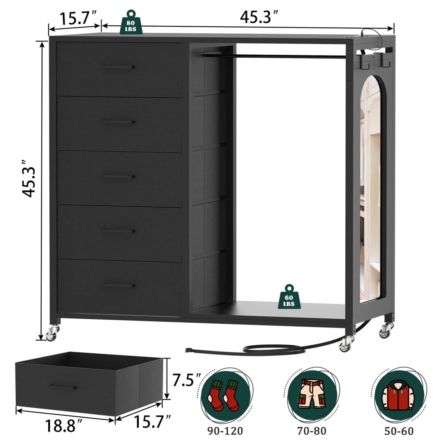 45-In Rolling Dresser with Mirror, Closet Organizer with 5 Fabric Drawers and Charging Station
