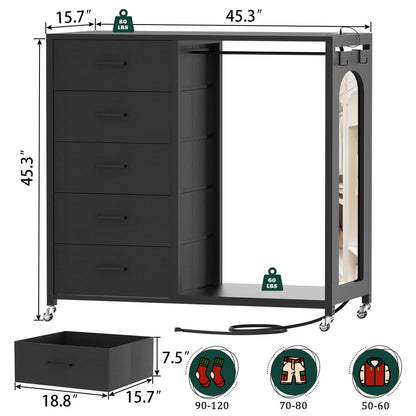 45-In Rolling Dresser with Mirror, Closet Organizer with 5 Fabric Drawers and Charging Station