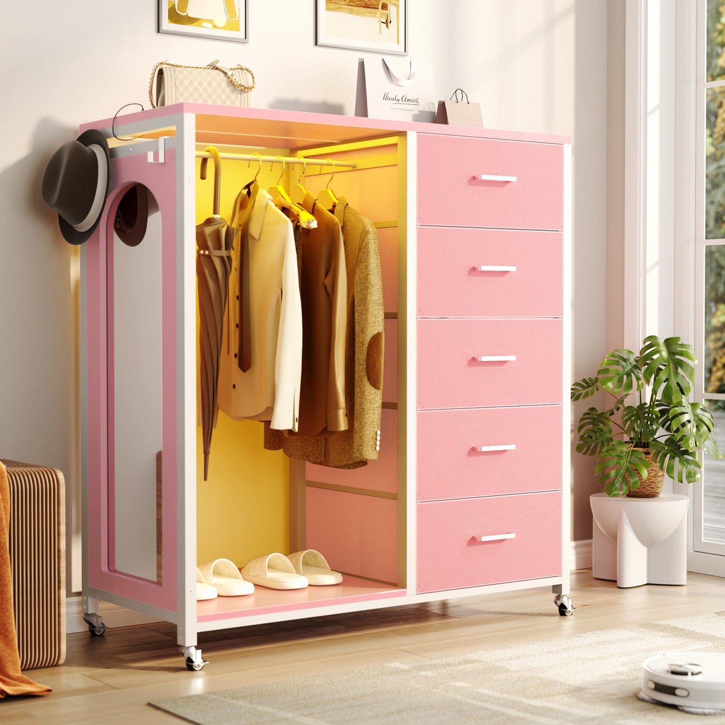 45-In Rolling Dresser with Mirror, Closet Organizer with 5 Fabric Drawers and Charging Station