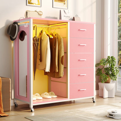 45-In Rolling Dresser with Mirror, Closet Organizer with 5 Fabric Drawers and Charging Station