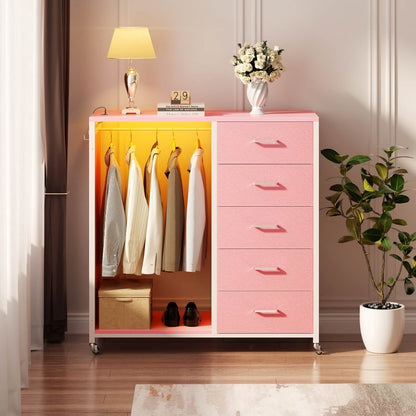 45-In Rolling Dresser with Mirror, Closet Organizer with 5 Fabric Drawers and Charging Station