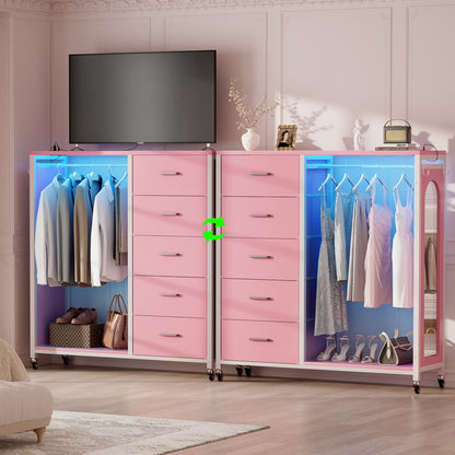 45-In Rolling Dresser with Mirror, Closet Organizer with 5 Fabric Drawers and Charging Station