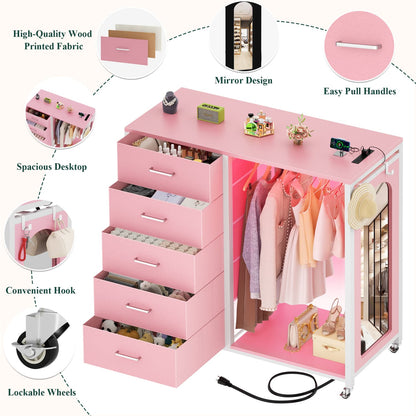 45-In Rolling Dresser with Mirror, Closet Organizer with 5 Fabric Drawers and Charging Station