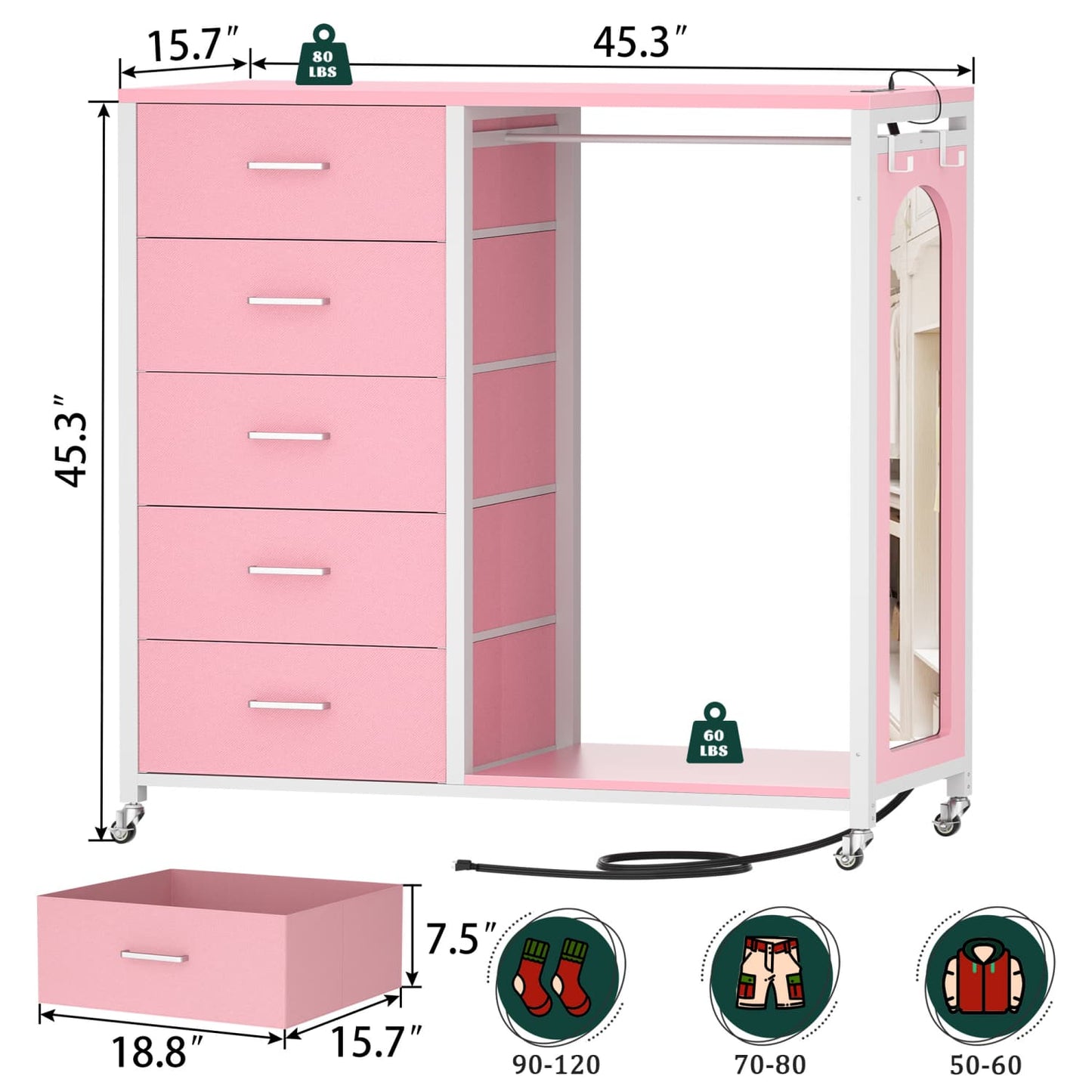 45-In Rolling Dresser with Mirror, Closet Organizer with 5 Fabric Drawers and Charging Station