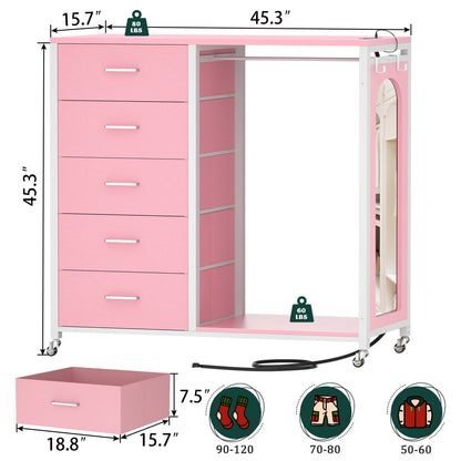 45-In Rolling Dresser with Mirror, Closet Organizer with 5 Fabric Drawers and Charging Station