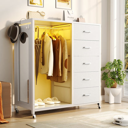 45-In Rolling Dresser with Mirror, Closet Organizer with 5 Fabric Drawers and Charging Station