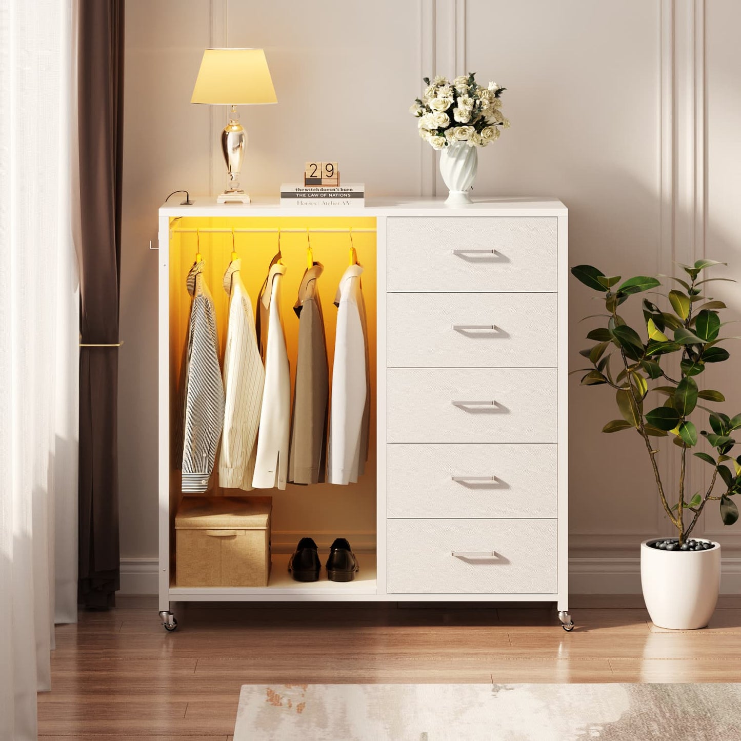 45-In Rolling Dresser with Mirror, Closet Organizer with 5 Fabric Drawers and Charging Station