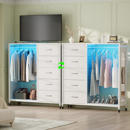 45-In Rolling Dresser with Mirror, Closet Organizer with 5 Fabric Drawers and Charging Station