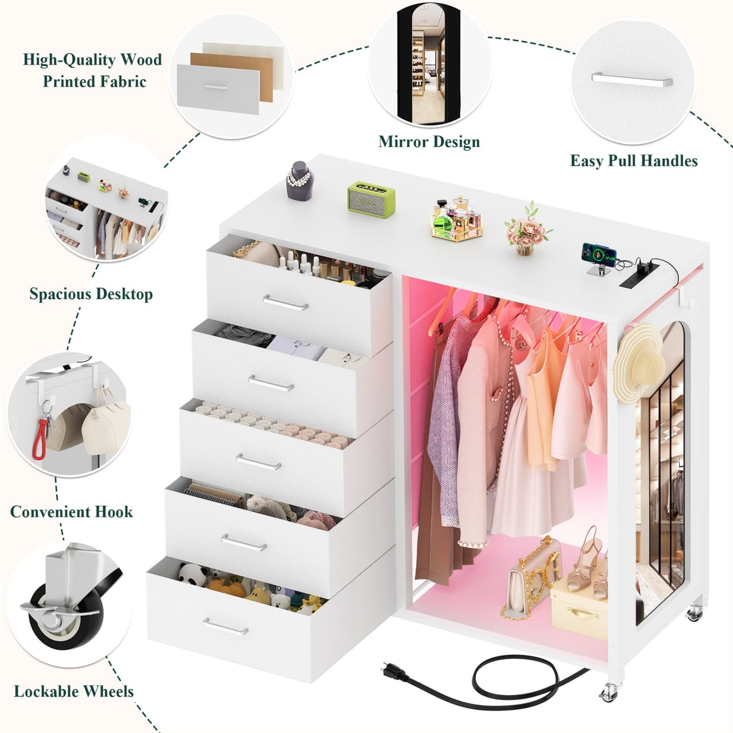 45-In Rolling Dresser with Mirror, Closet Organizer with 5 Fabric Drawers and Charging Station