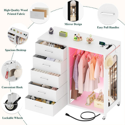 45-In Rolling Dresser with Mirror, Closet Organizer with 5 Fabric Drawers and Charging Station