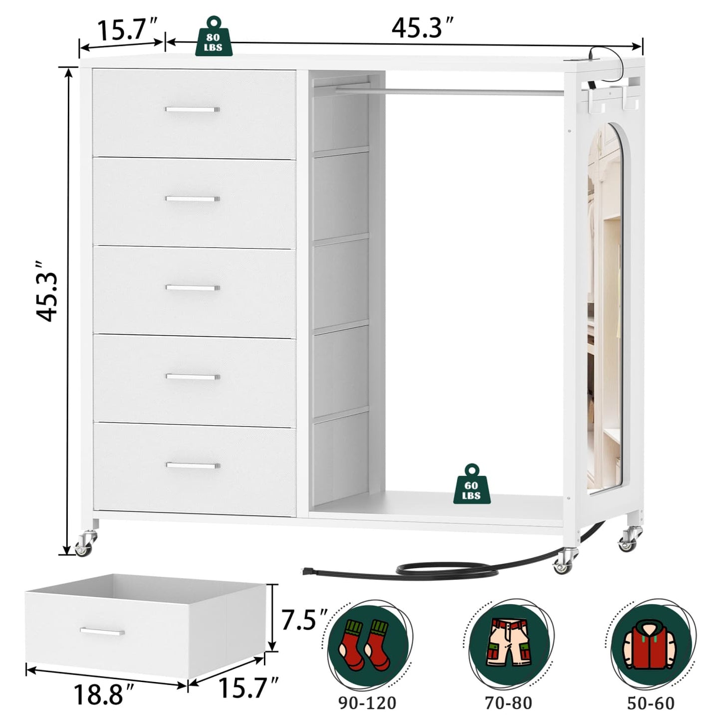 45-In Rolling Dresser with Mirror, Closet Organizer with 5 Fabric Drawers and Charging Station