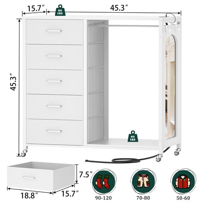 45-In Rolling Dresser with Mirror, Closet Organizer with 5 Fabric Drawers and Charging Station