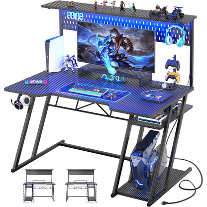 47-In Gaming Desk with Charging Station, Computer Desk with Hutch and Pegboard