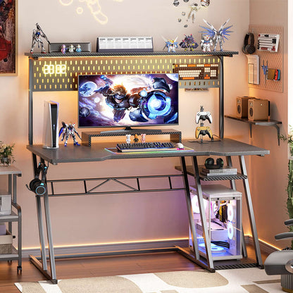 47-In Gaming Desk with Charging Station, Computer Desk with Hutch and Pegboard