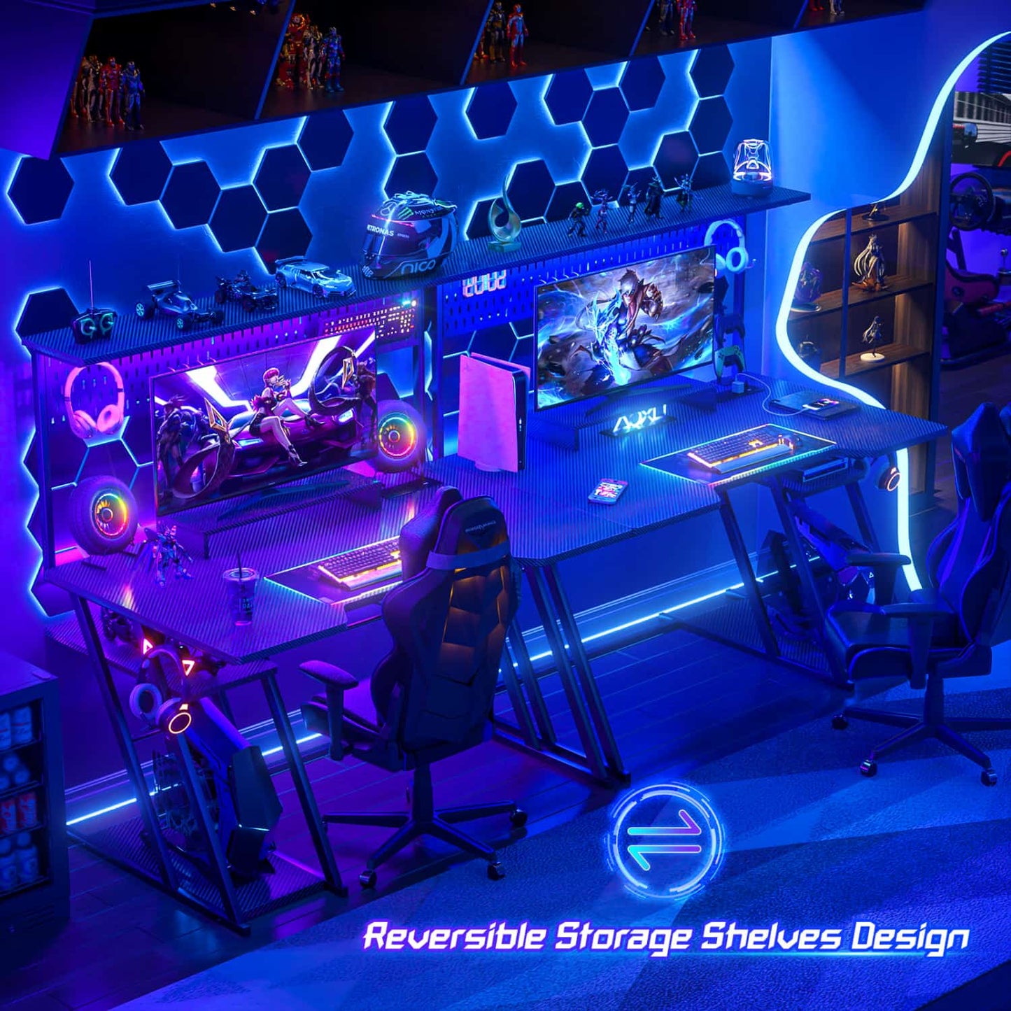 47-In Gaming Desk with Charging Station, Computer Desk with Hutch and Pegboard