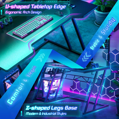 47-In Gaming Desk with Charging Station, Computer Desk with Hutch and Pegboard