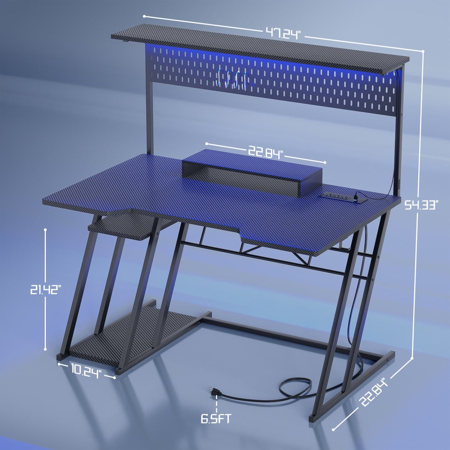 47-In Gaming Desk with Charging Station, Computer Desk with Hutch and Pegboard