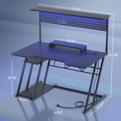 47-In Gaming Desk with Charging Station, Computer Desk with Hutch and Pegboard