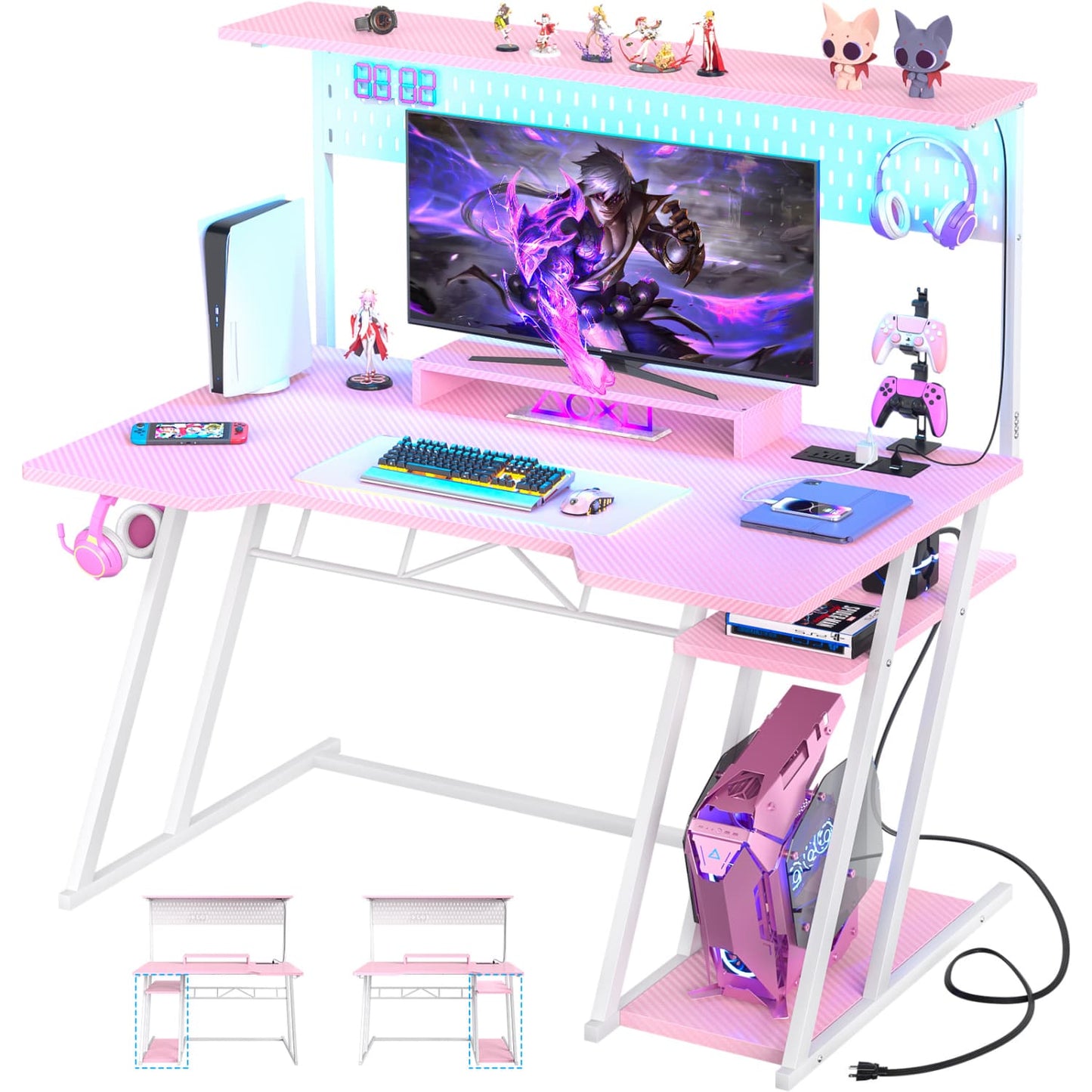 47-In Gaming Desk with Charging Station, Computer Desk with Hutch and Pegboard