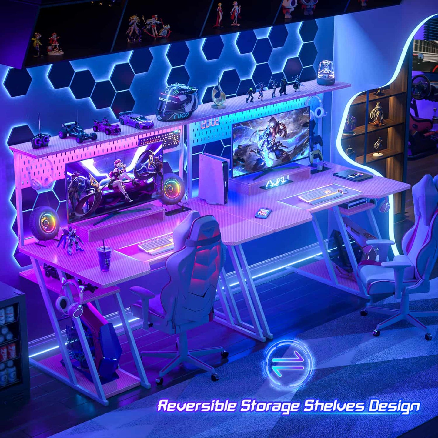 47-In Gaming Desk with Charging Station, Computer Desk with Hutch and Pegboard