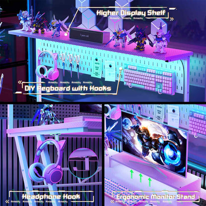 47-In Gaming Desk with Charging Station, Computer Desk with Hutch and Pegboard