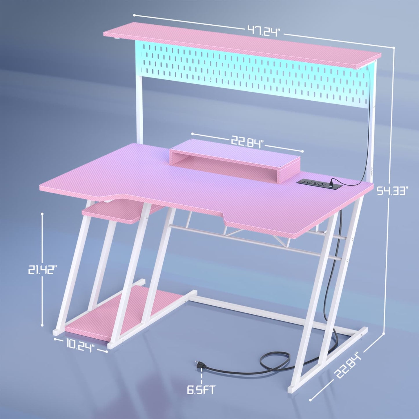 47-In Gaming Desk with Charging Station, Computer Desk with Hutch and Pegboard