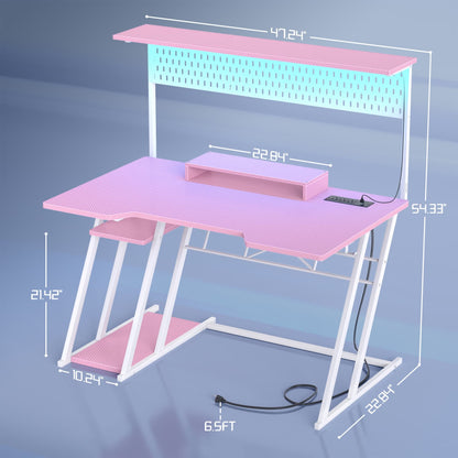 47-In Gaming Desk with Charging Station, Computer Desk with Hutch and Pegboard