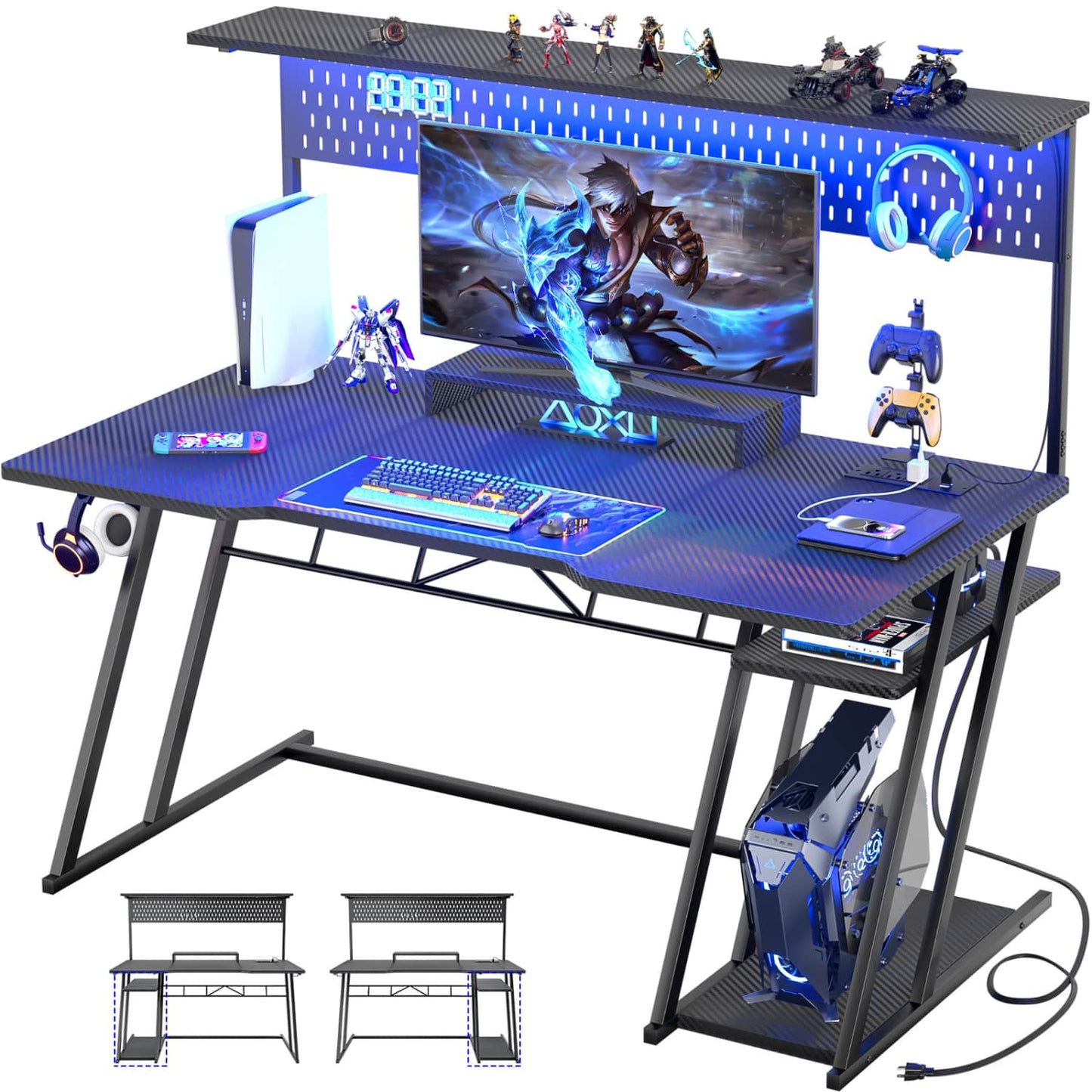 55-In Gaming Desk with Charging Station, Computer Desk with Hutch and Pegboard