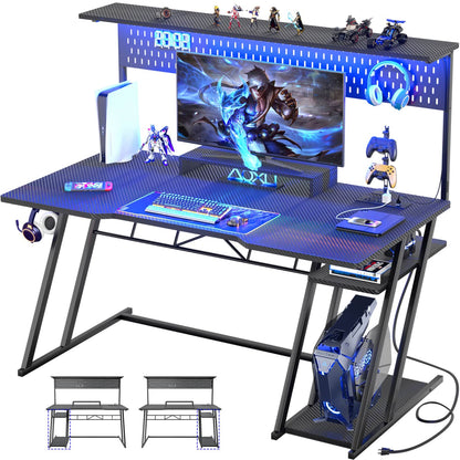 55-In Gaming Desk with Charging Station, Computer Desk with Hutch and Pegboard