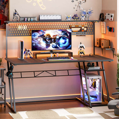 55-In Gaming Desk with Charging Station, Computer Desk with Hutch and Pegboard