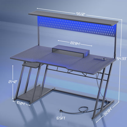 55-In Gaming Desk with Charging Station, Computer Desk with Hutch and Pegboard