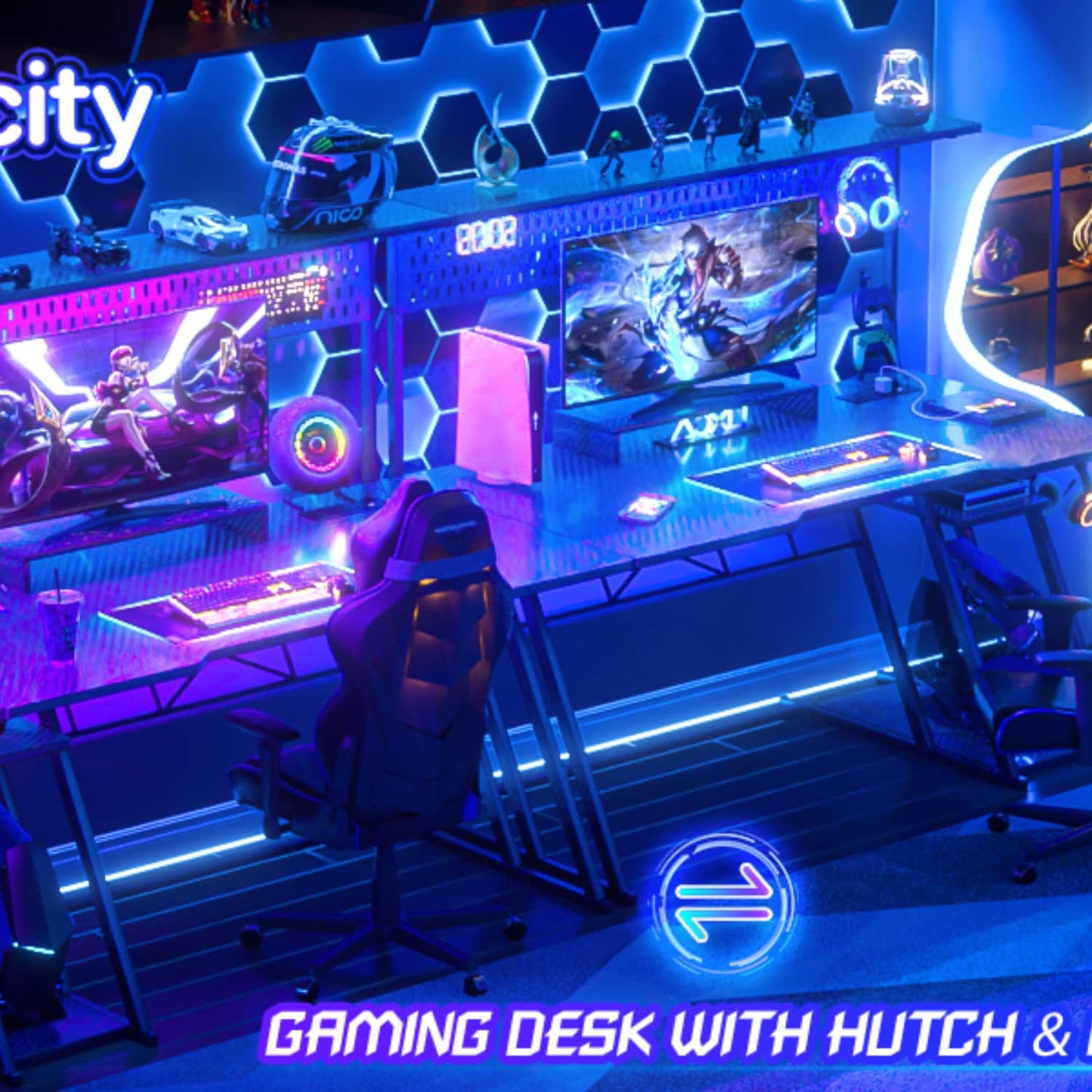 55-In Gaming Desk with Charging Station, Computer Desk with Hutch and Pegboard