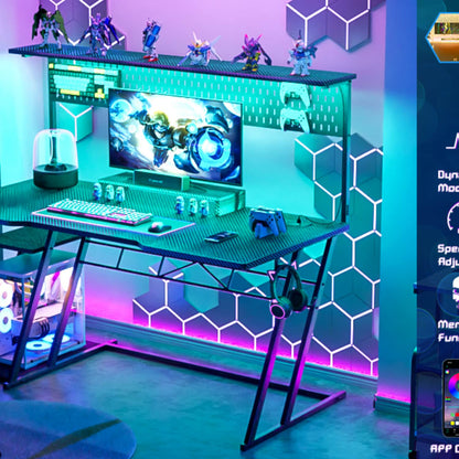 55-In Gaming Desk with Charging Station, Computer Desk with Hutch and Pegboard