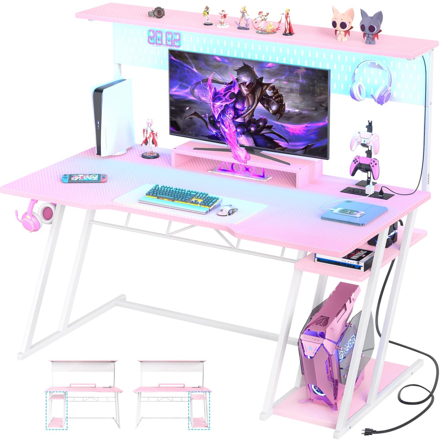 55-In Gaming Desk with Charging Station, Computer Desk with Hutch and Pegboard