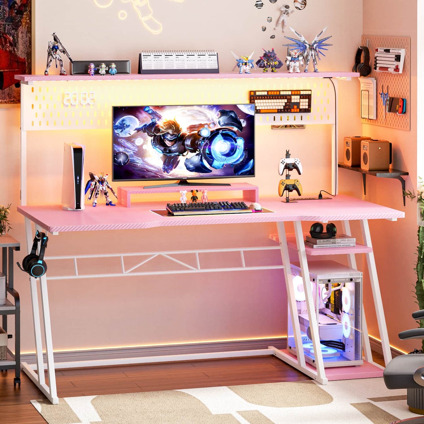 55-In Gaming Desk with Charging Station, Computer Desk with Hutch and Pegboard