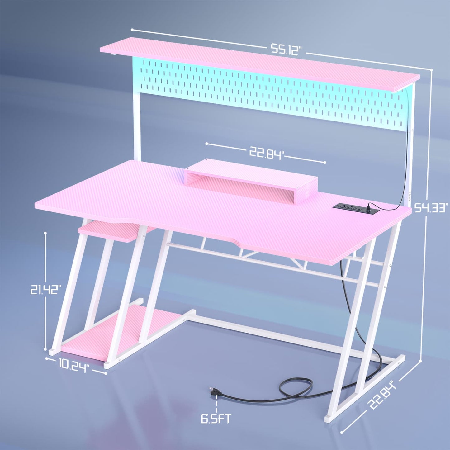 55-In Gaming Desk with Charging Station, Computer Desk with Hutch and Pegboard