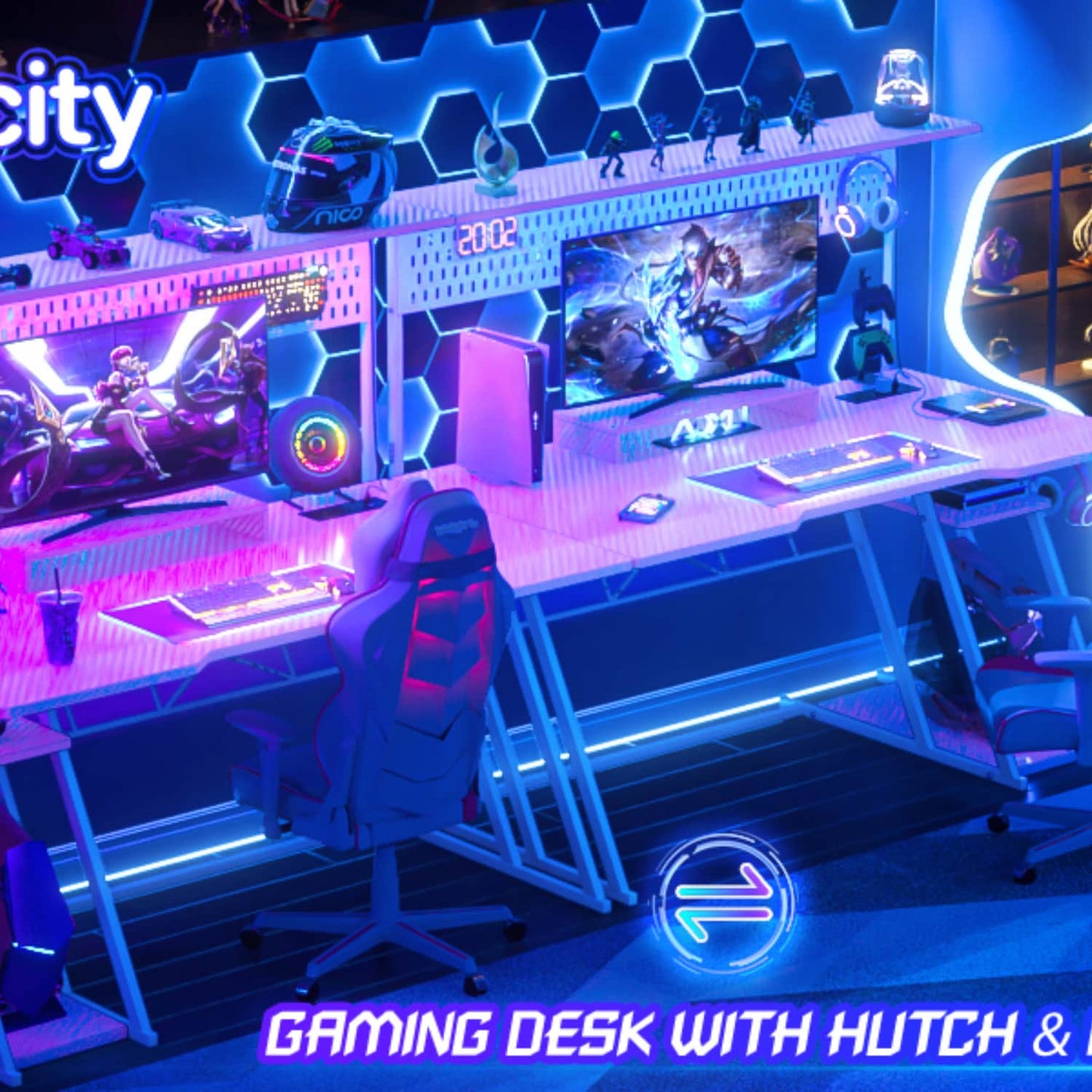 55-In Gaming Desk with Charging Station, Computer Desk with Hutch and Pegboard