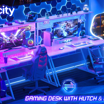 55-In Gaming Desk with Charging Station, Computer Desk with Hutch and Pegboard
