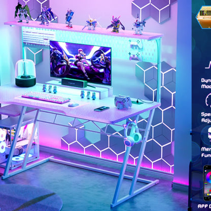55-In Gaming Desk with Charging Station, Computer Desk with Hutch and Pegboard
