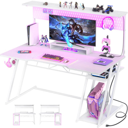 55-In Gaming Desk with Charging Station, Computer Desk with Hutch and Pegboard