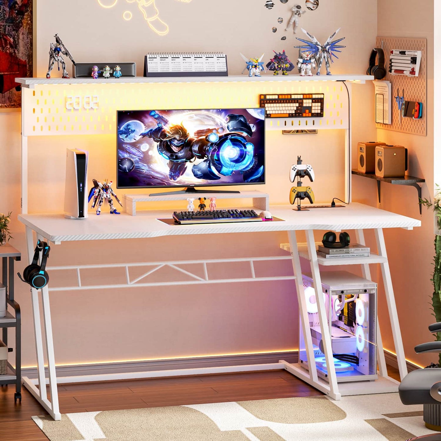 55-In Gaming Desk with Charging Station, Computer Desk with Hutch and Pegboard
