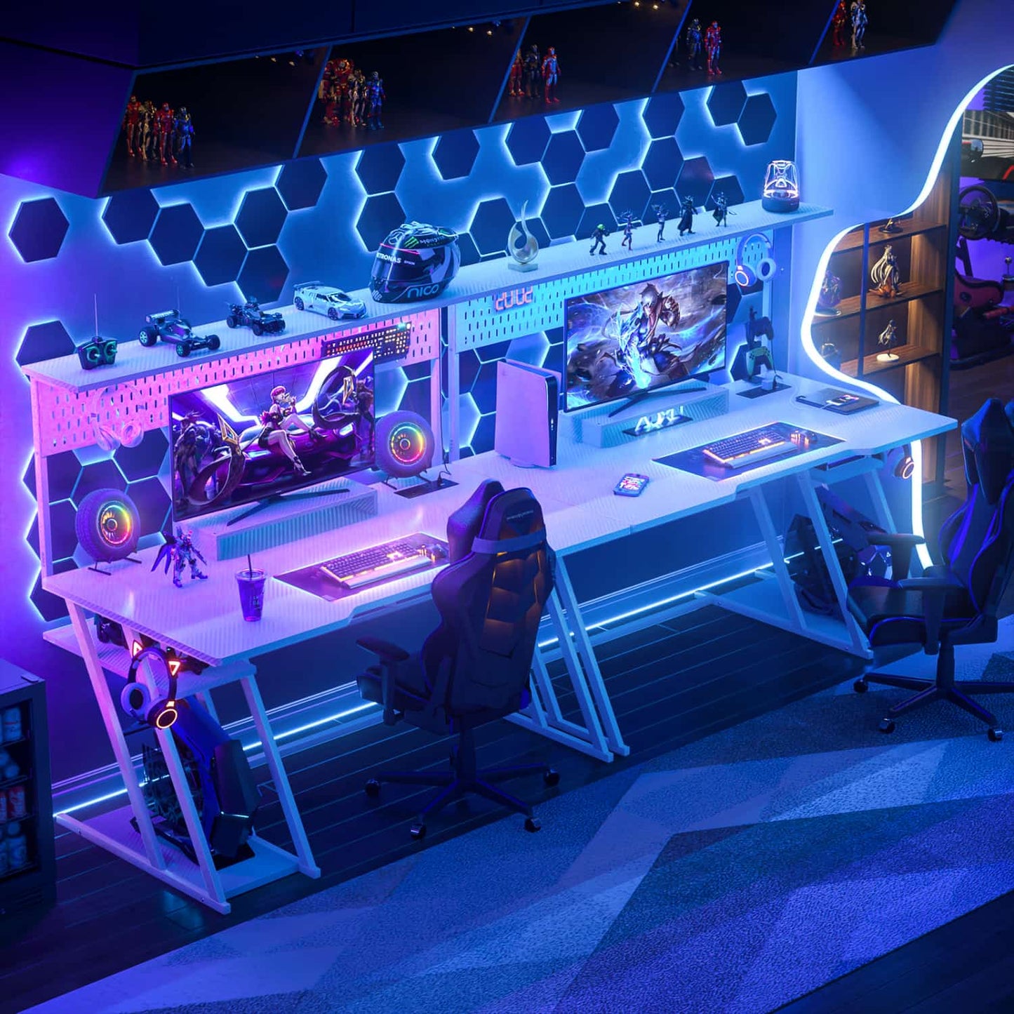 55-In Gaming Desk with Charging Station, Computer Desk with Hutch and Pegboard
