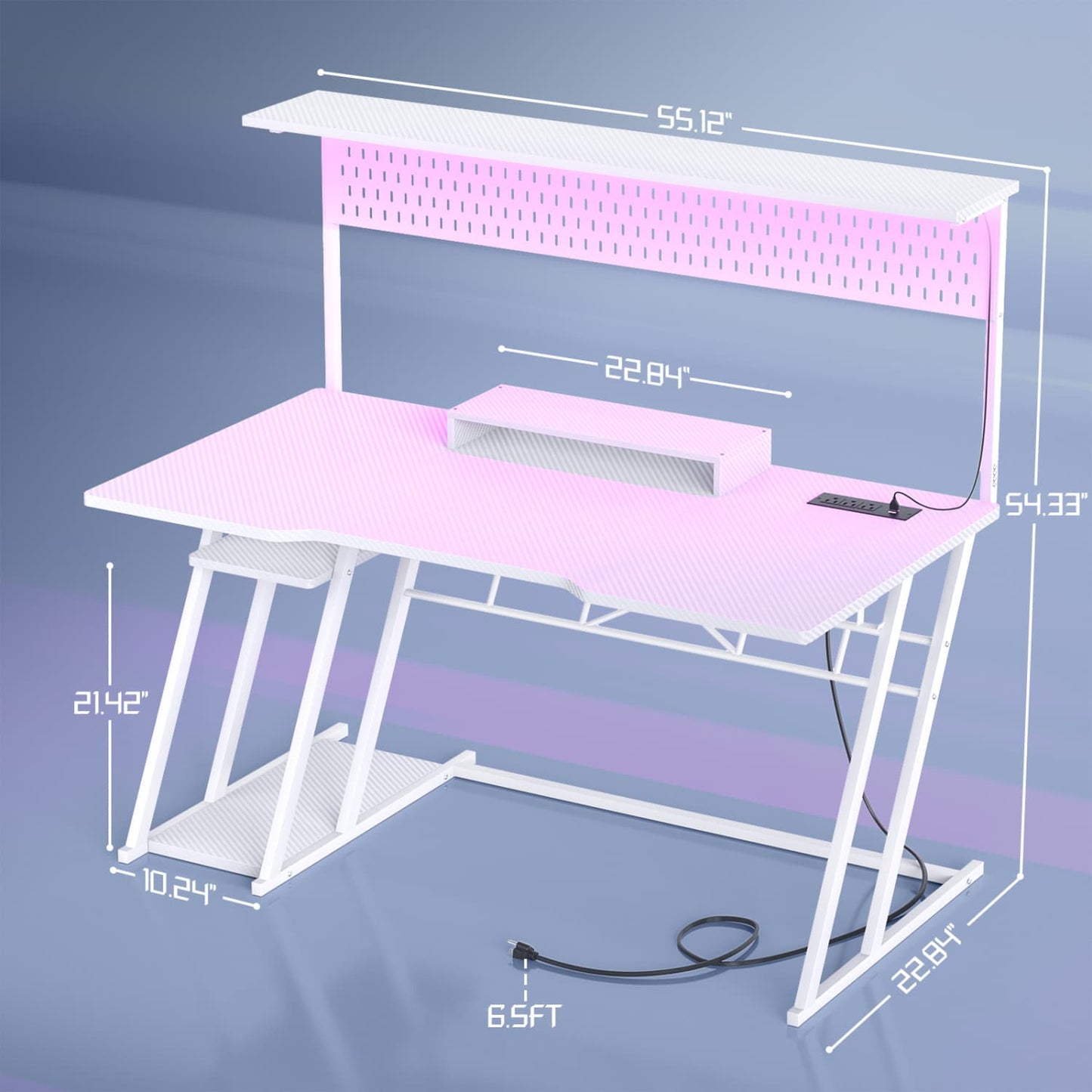 55-In Gaming Desk with Charging Station, Computer Desk with Hutch and Pegboard