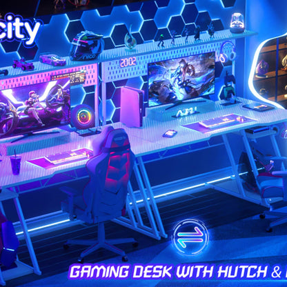 55-In Gaming Desk with Charging Station, Computer Desk with Hutch and Pegboard