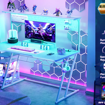 55-In Gaming Desk with Charging Station, Computer Desk with Hutch and Pegboard