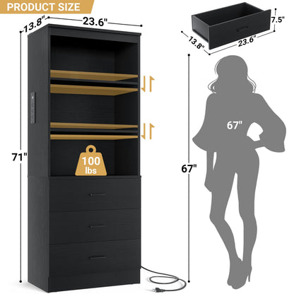 Bookcase with Charging Station, Storage Bookshelves with Wood Drawers